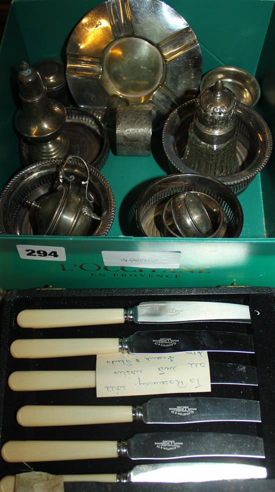 4 silver cruets, 3 napkin rings, pair silver sugar tongs & plated items